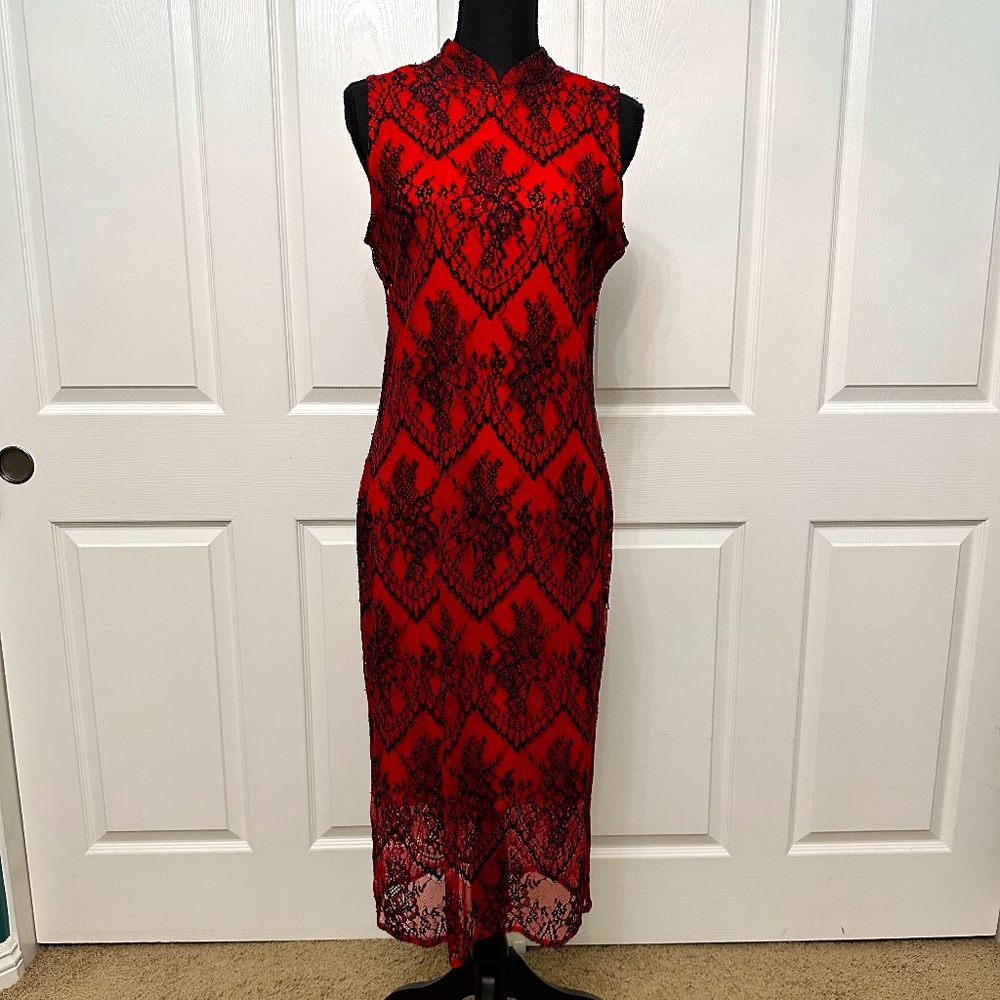 BRAND NEW New York & Company Eva Mendes Red Black Lace Sleeveless Sheath Dress